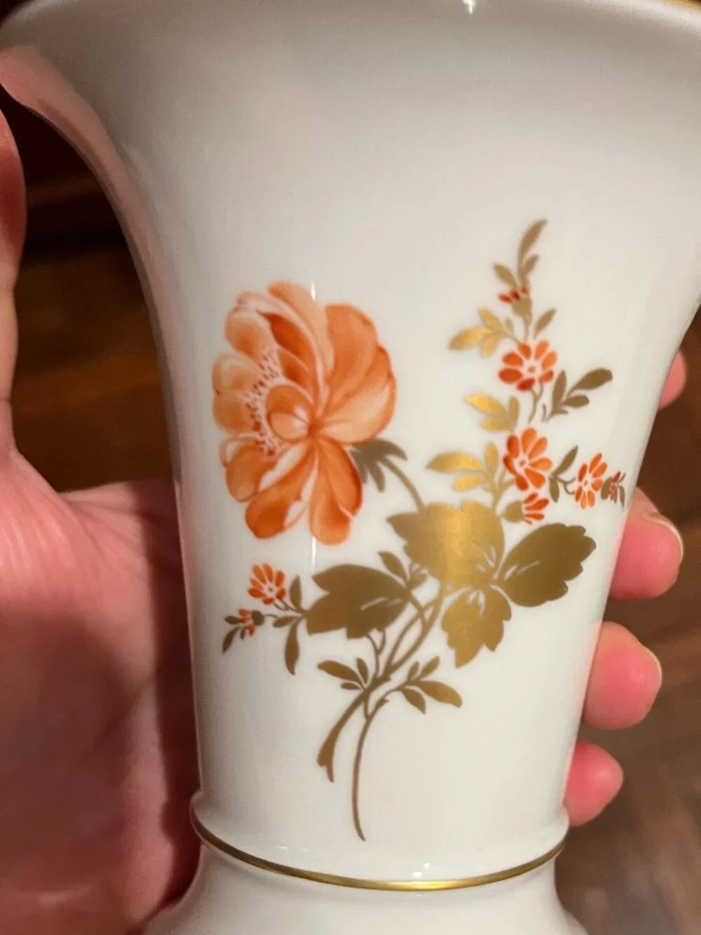 Höchst Germany Porcelain Orange Floral Gold Vase